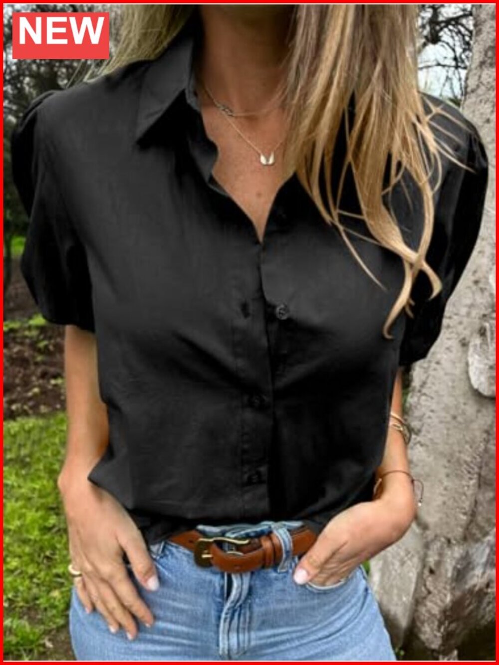 Women's Cotton Button Down Shirt with Puff Sleeves - Loose Fit Summer Top - Picture 2 of 6